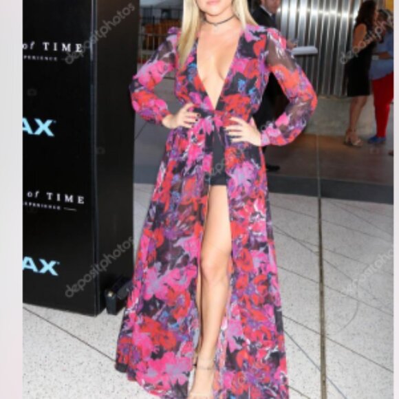 Bebe Floral Maxi Romper‎ Dress w/Built-In Shorts Size 2 Sheer Long Sleeve Plunge - Picture 3 of 14